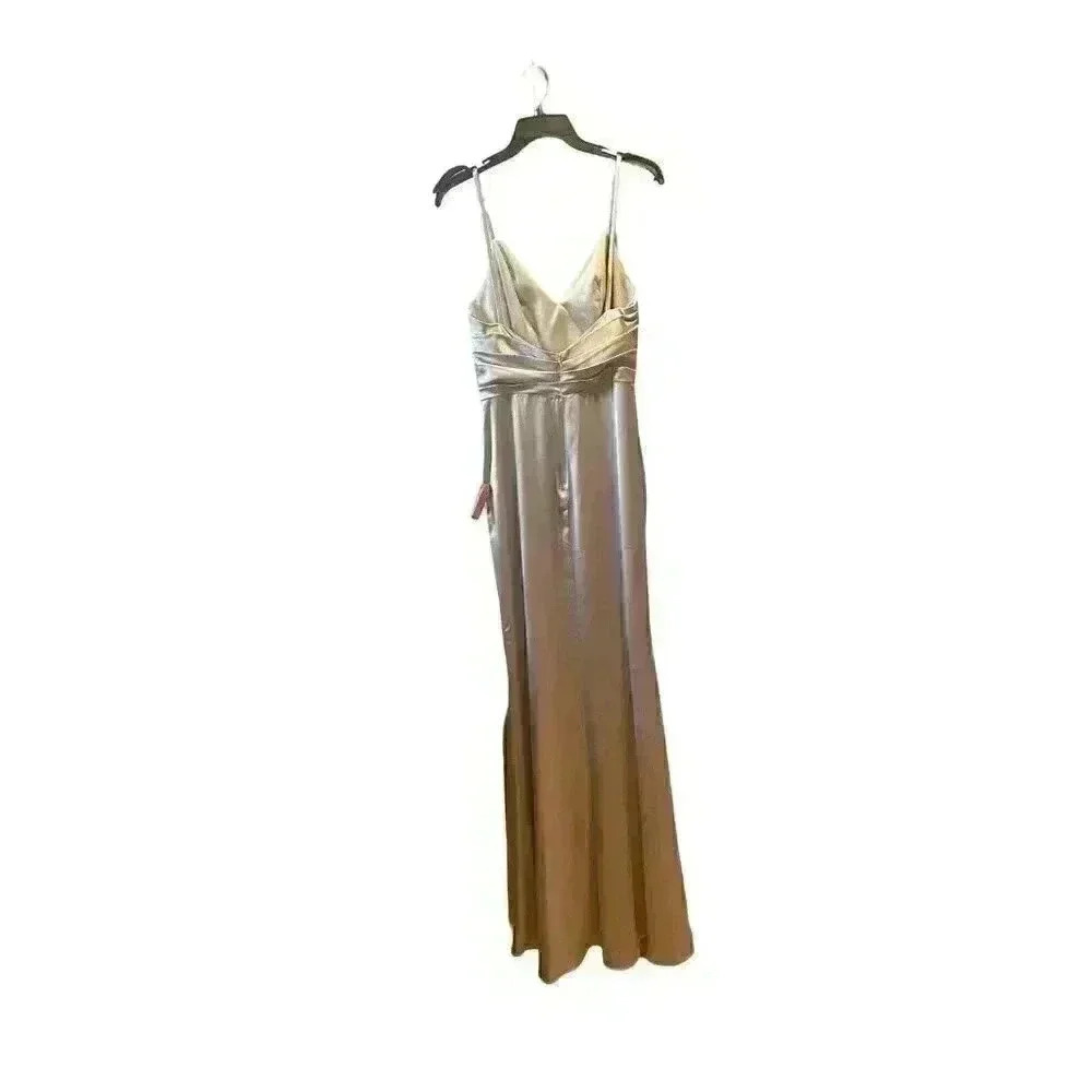 New Mac Duggal Satin Sleeveless Faux Wrap Ruched Gown Platinum Silver Size 2 - Picture 6 of 10